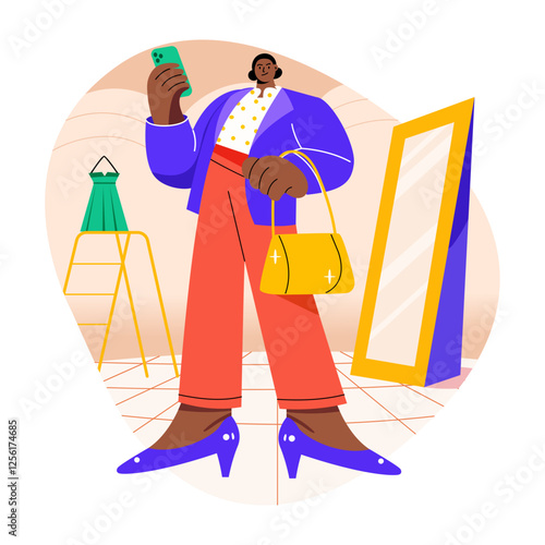 A flat illustration of a character doing luxury shopping 