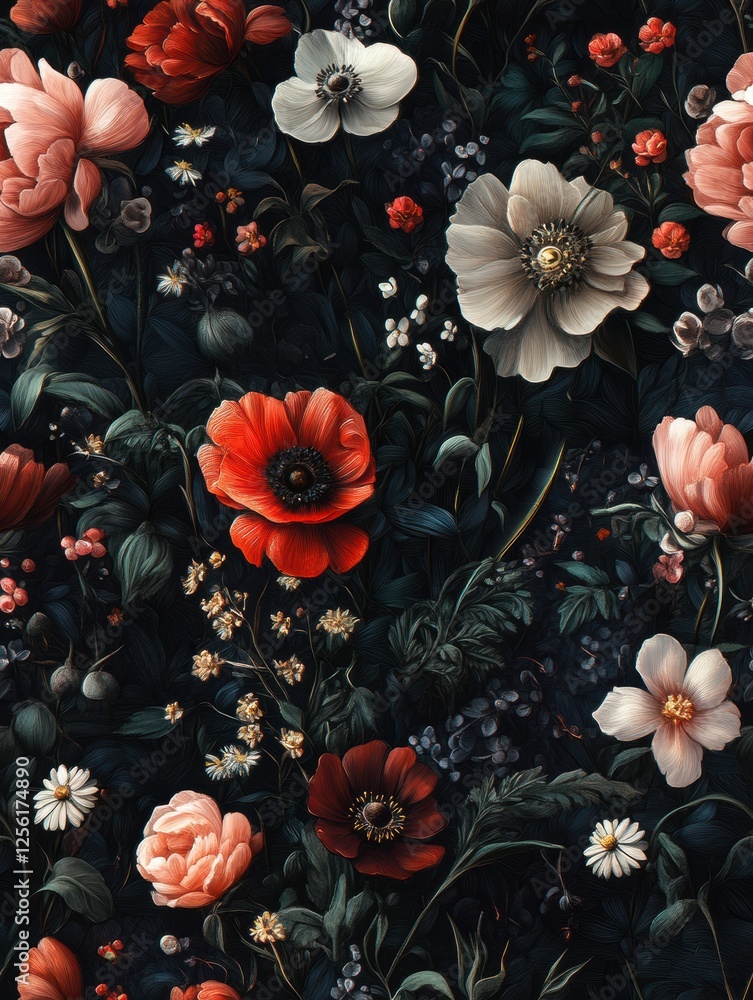 custom made wallpaper toronto digitalColorful floral pattern with a variety of blooms against a dark background. Generative AI