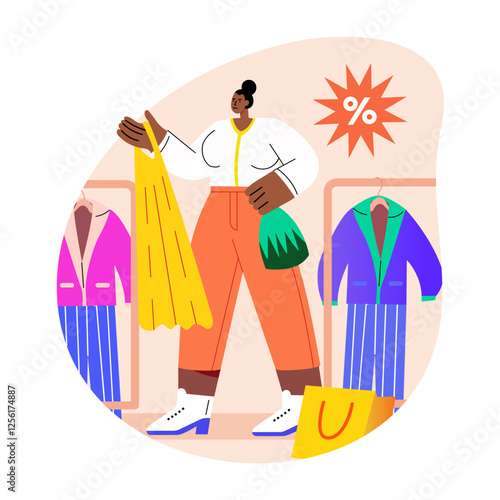 A flat illustration of a woman getting clothing discount 