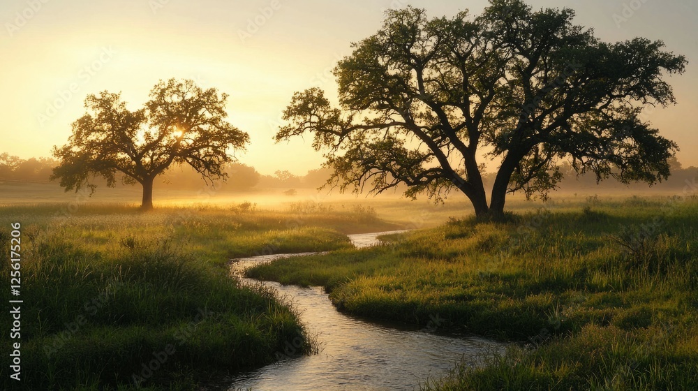 Tranquil Sunrise Over Misty Meadow with Flowing Stream and Trees Tranquil Sunrise Over Misty Meadow with Flowing Stream and Trees