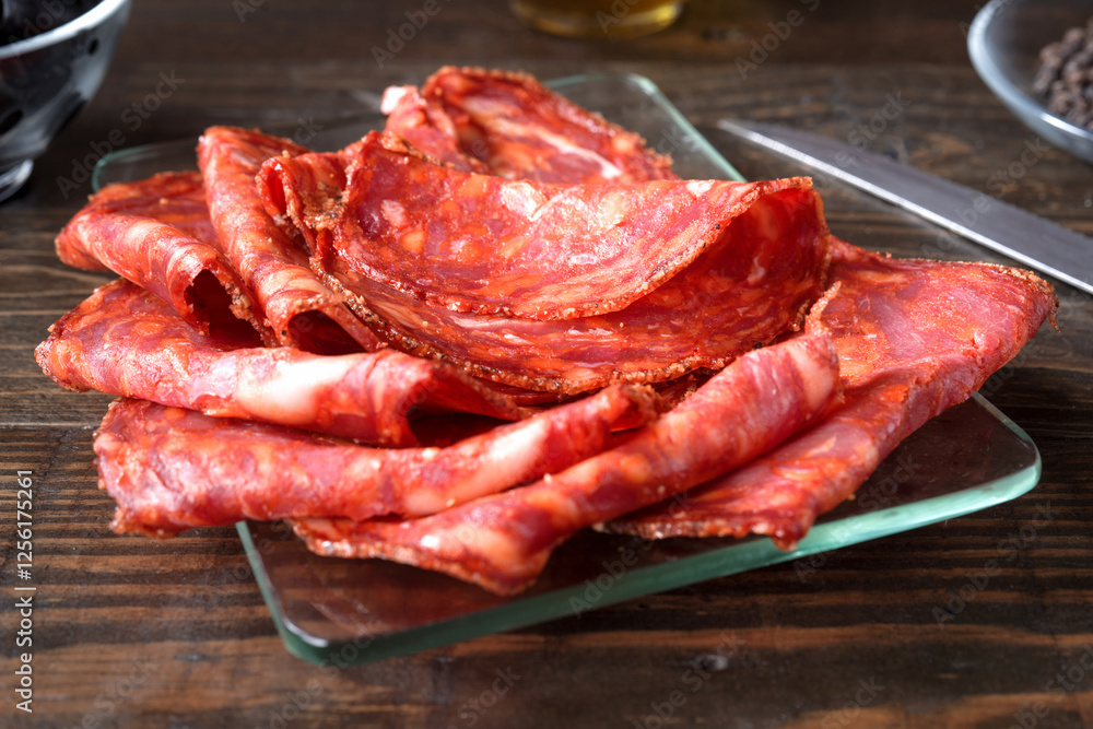 Close up of spanish cured sausage on a glass plate on wooden surface Close up of spanish cured sausage on a glass plate on wooden surface