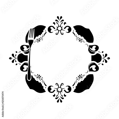 Elegant fork placed with a fork over a frame, surrounded by detailed floral patterns and ornamental flourishes.