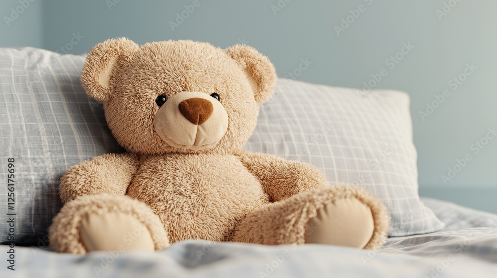 Cozy Teddy Bear Relaxing on Bed in Soft Light Atmosphere Cozy Teddy Bear Relaxing on Bed in Soft Light Atmosphere