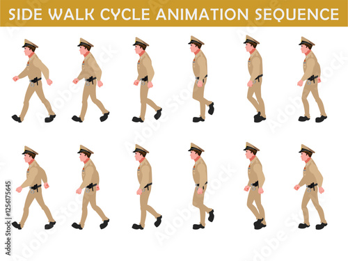 Police Officer Character walk cycle animation sequence. Front walk frame by frame animation sprite sheet