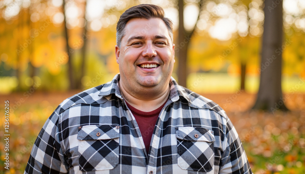 Stocky man smiling in autumn park, warmth and friendliness Stocky man smiling in autumn park, warmth and friendliness