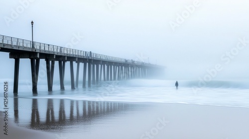 Wallpaper Mural Foggy Morning at Pier with Solitary Figure by the Water Shore Torontodigital.ca