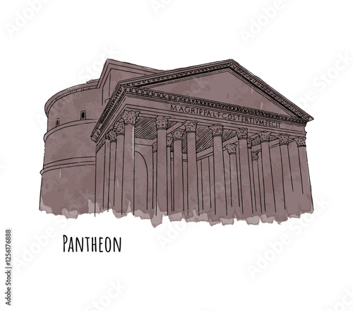 Hand drawn watercolour sketch of Pantheon in Rome. Vector illustration of famous Roman Catholic Church.