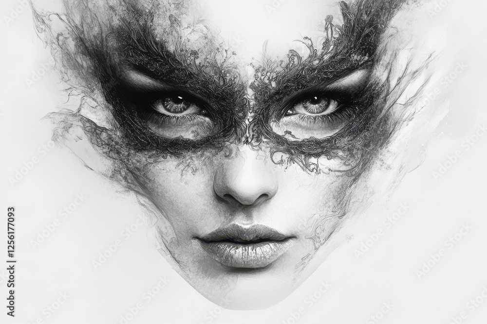 Fototapeta premium Enigmatic Masked Portrait with Intricate Artistic Details and Striking Contrast in Monochrome