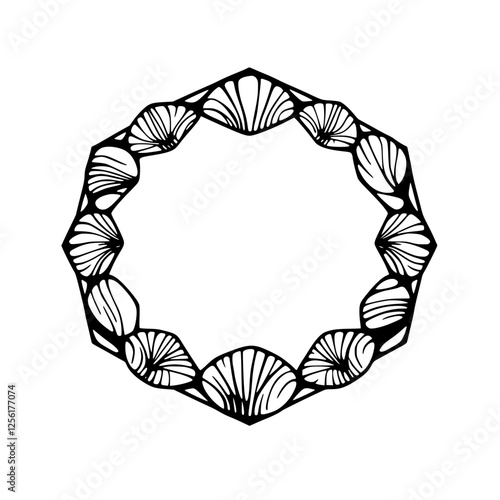 Shell-Shaped Frame: A black and white illustration of a geometric frame made of stylized seashells, showcasing a simple, minimalist, and artful style.