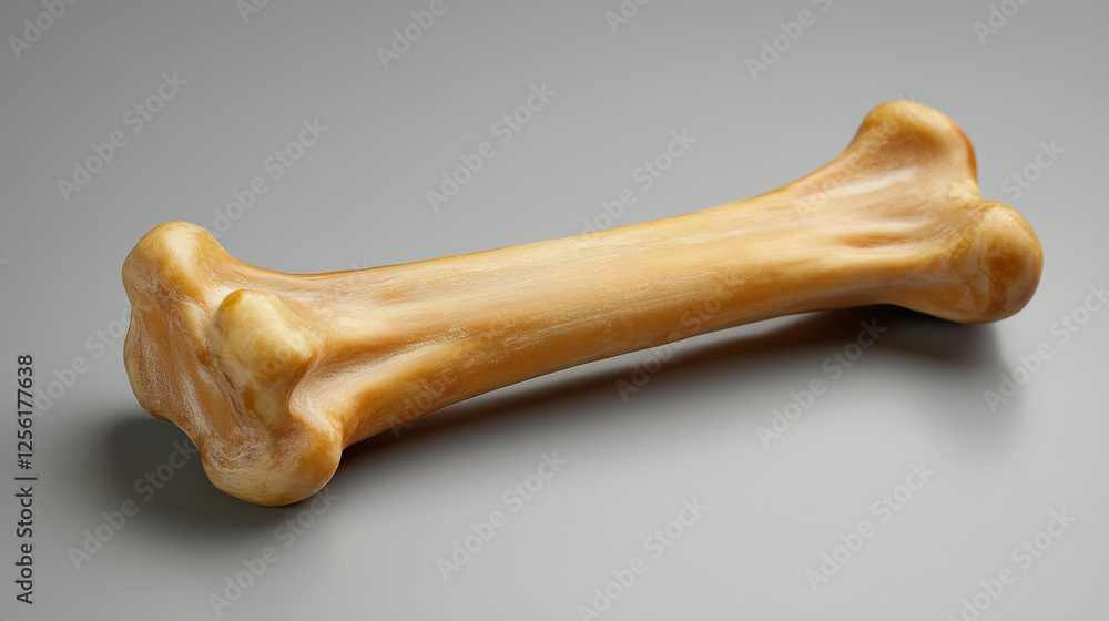 Fototapeta premium Large dried bone on textured gray background, natural pet chew treat, rawhide alternative for dogs.