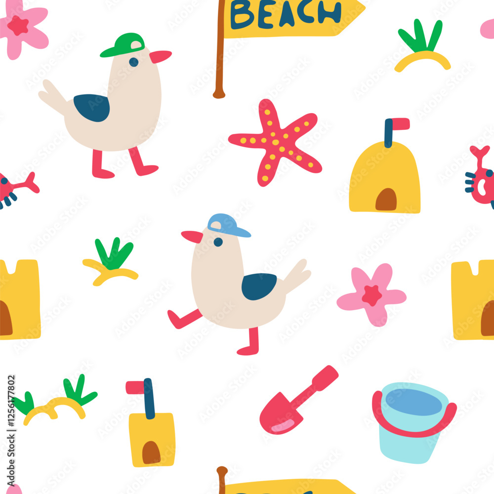 Fototapeta premium Summer seamless pattern with cute seagulls in caps on the beach walking among sandcastles. Vector childish hand drawn illustration in simple hand drawn modern style.