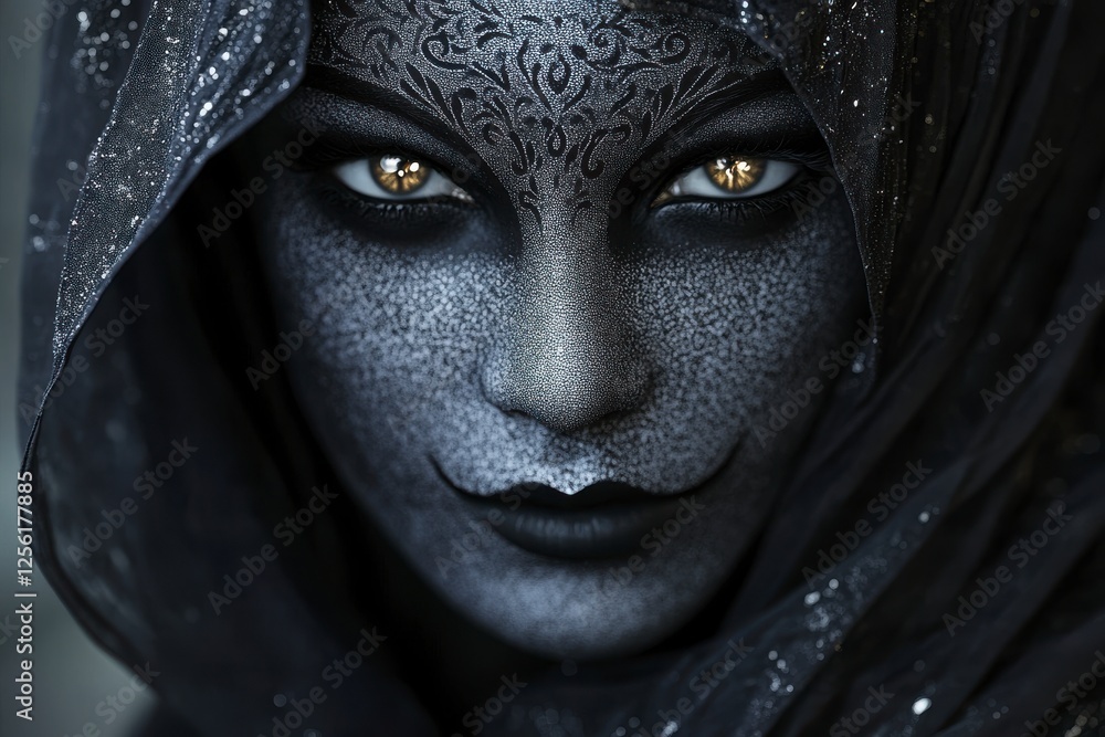 Mysterious Woman with Intricate Face Paint and Dark Veil Captured in Stunning Close-Up Portrait Photography Mysterious Woman with Intricate Face Paint and Dark Veil Captured in Stunning Close-Up Portrait Photography
