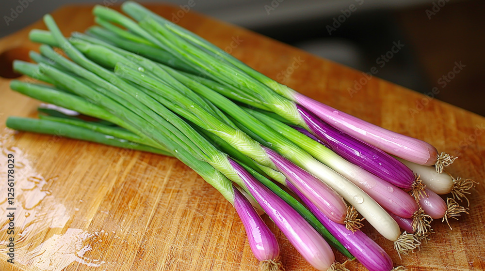 Fresh spring onions on wooden cutting board, ready for cooking