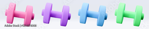 Blue, green, pink, purple, violet Dumbbell Realistic icon, 3d render. Isolated on white backround. Sport And Fitness design set. Vector illustration for shop, flyer, banner, web, advertising, sale