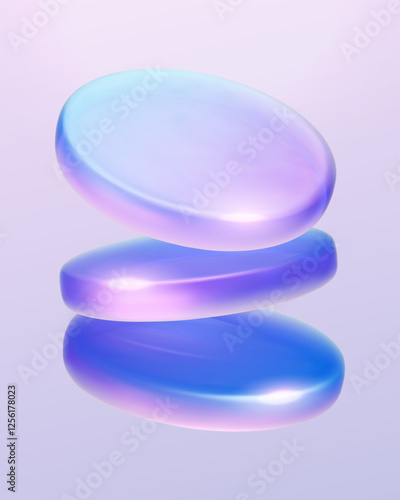 Set 3d iridescent hologram disk, coin, podium, pedestal. Render figure with purple, pink, blue colors. Vector illustration isolated on white for design projects, product display, presentation, adv