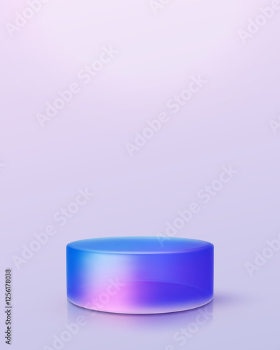 3d iridescent hologram disk, coin, podium, pedestal. Render figure with purple, pink, blue colors. Vector illustration isolated on white for design projects, product display, presentation, adv