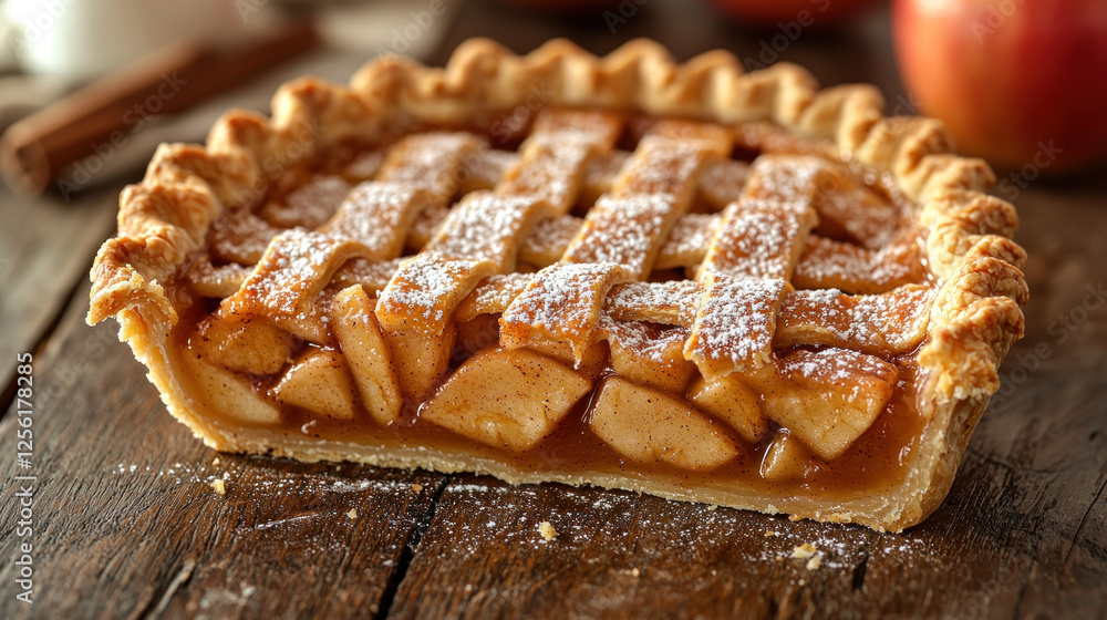 Freshly baked apple pie slice on rustic wood table Freshly baked apple pie slice on rustic wood table