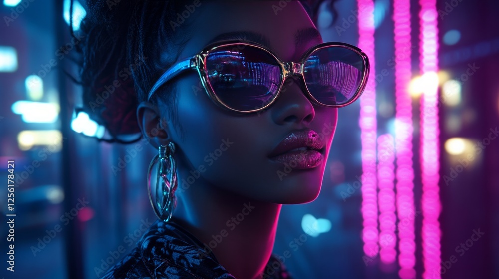 Exploring cyber-glam vibes in a neon-lit urban world at night. Generative AI Exploring cyber-glam vibes in a neon-lit urban world at night. Generative AI