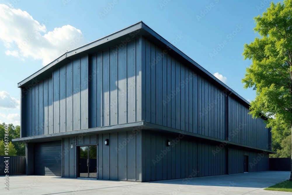 Modern Architectural Design of a Dark Gray Exterior Building with a Large Door and Windows Modern Architectural Design of a Dark Gray Exterior Building with a Large Door and Windows