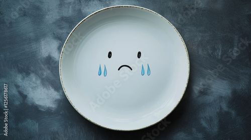 Sad crying plate on dark textured background, emotional food concept, artistic dining illustration.