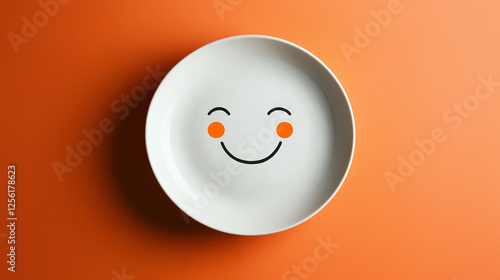 White ceramic plate with a cheerful smiley face on an orange background, minimalist happy dishware design.
