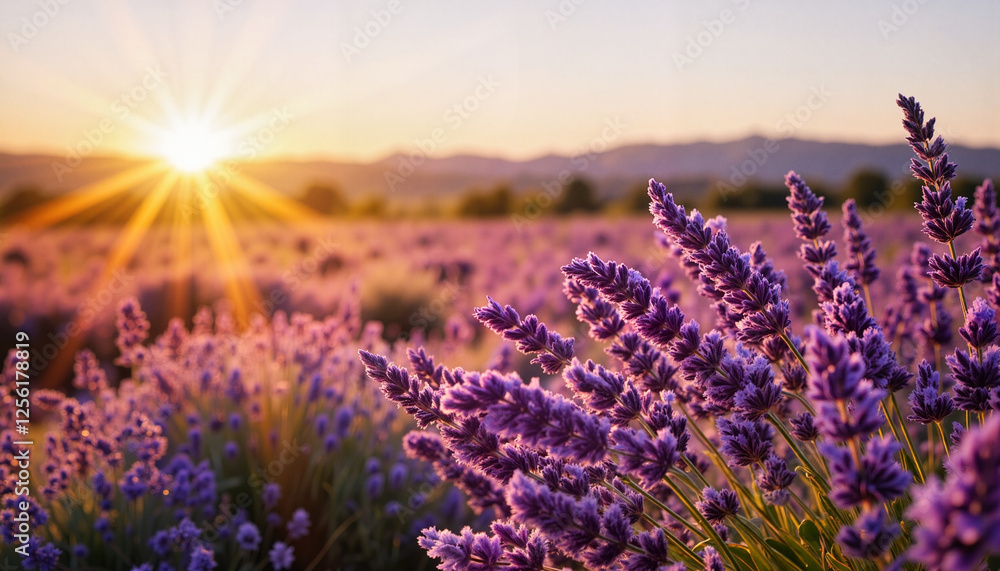Fototapeta premium Lavender field glowing at sunset, capturing nature's tranquility