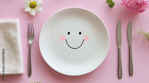 Cheerful table setting with smiling plate, pink background, and floral decor for joyful dining experience.