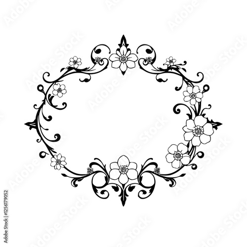 Black and white floral frame with an oval outline, featuring flowers and ornate branches, set against a white background.
