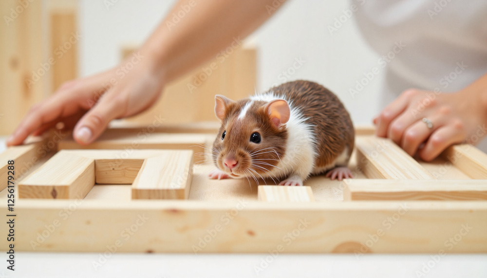 Obraz premium Rat problem-solving in wooden maze, behavioral research theme