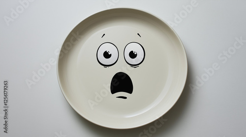 White plate with a surprised facial expression, creative food concept on minimalistic background.