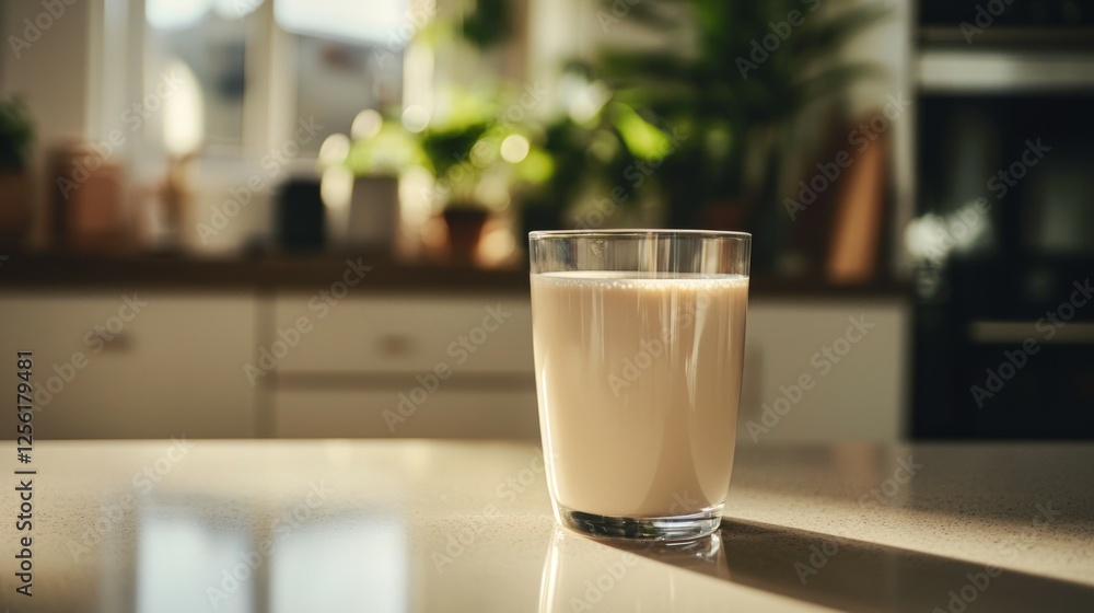 Fresh Glass of Milk in Bright Kitchen with Sunlight and Plants Fresh Glass of Milk in Bright Kitchen with Sunlight and Plants