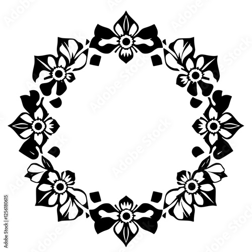 Black and white circular floral border composed of alternating open flowers and closed bud-like elements forming a wreath-like design, on a white background.