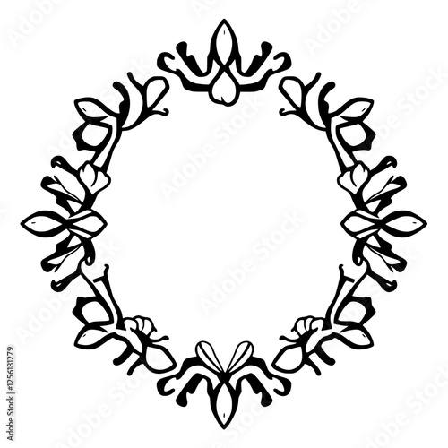 Symmetrical Diamond-shaped Circular Frame composed of stylized botanical details on a white background.