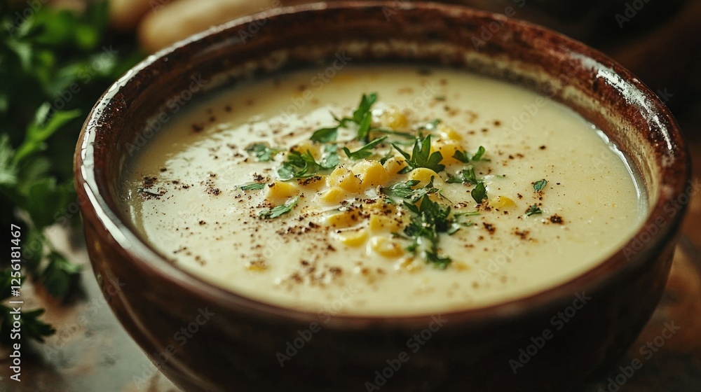 Creamy Corn Soup in Rustic Bowl with Herbs and Spices Garnish Creamy Corn Soup in Rustic Bowl with Herbs and Spices Garnish