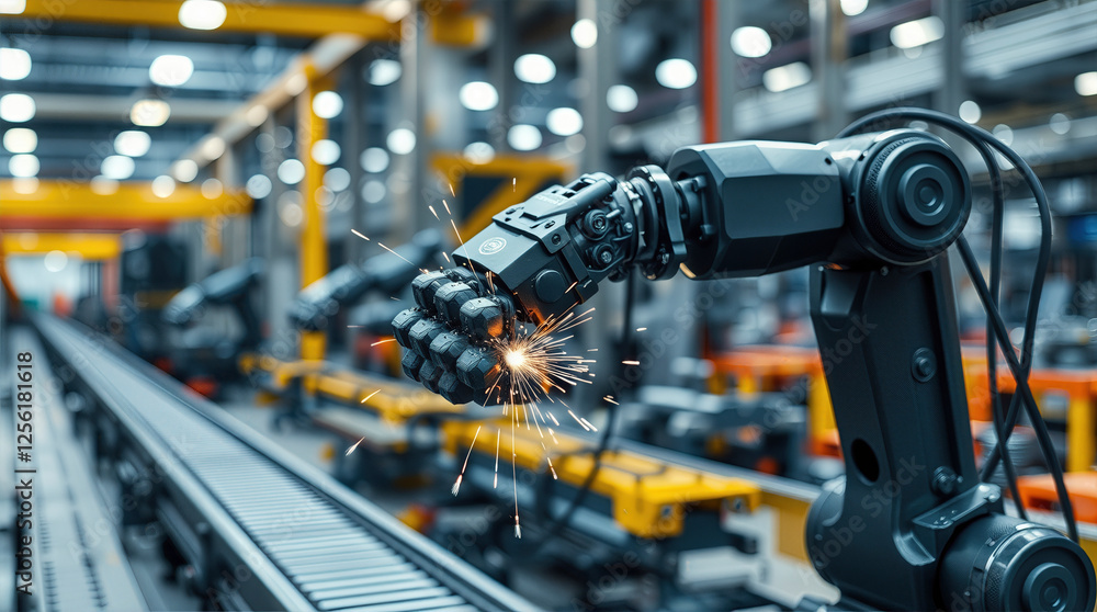 Industrial Robot Arm in a High-Tech Factory.RobotArm Industrial Robot Arm in a High-Tech Factory.RobotArm