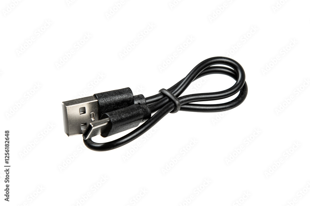 A black USB cable with USB-A and USB-C connectors, coiled neatly, isolated on a white background. A black USB cable with USB-A and USB-C connectors, coiled neatly, isolated on a white background.