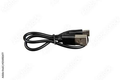 Fotografie Black USB cable with USB-A and USB-C connectors, coiled neatly and isolated on white, ideal for charging and data transfer for a range of electronic devices