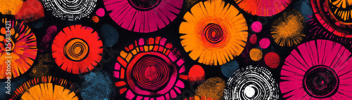 Vibrant repeating pattern of abstract blossoms with African textures on a bright background