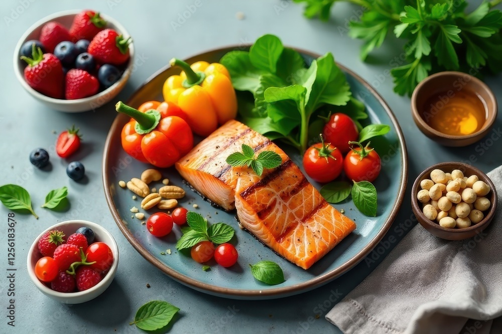 A healthy and delicious grilled salmon meal with colorful bell peppers, fresh berries, nuts, and leafy greens A healthy and delicious grilled salmon meal with colorful bell peppers, fresh berries, nuts, and leafy greens