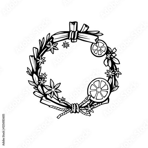 Floral wreath of cinnamon, star anise, and citrus slices on a white background
