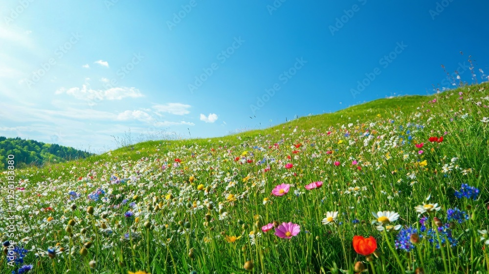 Vibrant Wildflower Meadow Under Clear Blue Sky in Springtime Vibrant Wildflower Meadow Under Clear Blue Sky in Springtime