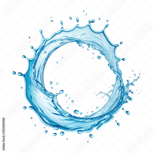Abstract 3d Circular liquid sky blue water Splash in curve style with many drops isolated on white background