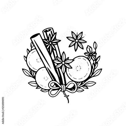 Monochrome Still Life: Cinnamon sticks, orange slices, and star anise arrangement, arranged in a symmetrical and stylized circle.