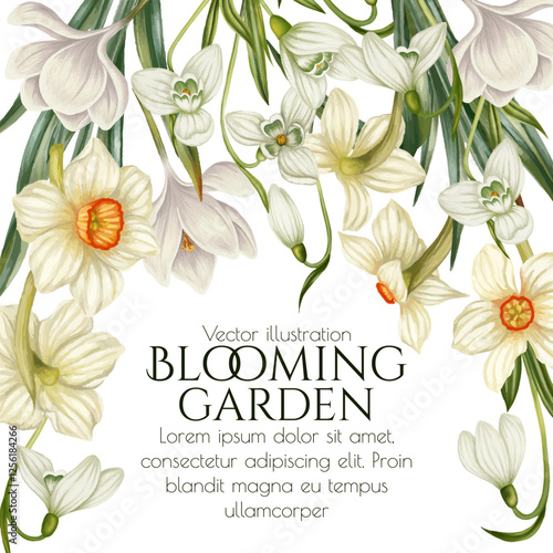 Vector frame with white spring flowers. Watercolor daffodils, crocuses and snowdrops. Floral square banner template. Print for card with primroses
