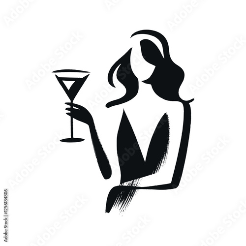 Minimalist black brush illustration of a woman holding a martini glass