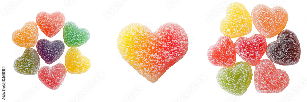 Fototapeta premium Set of A vibrant assortment of colorful gummy hearts scattered across a light blue table on transparent png background. Ai generated