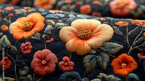 Close-up of vibrant floral embroidery showcasing intricate designs on fabric rolls photo