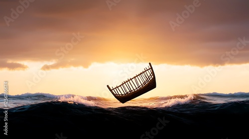 A surreal scene of a floating crib above turbulent ocean waves at sunset, evoking mystery photo