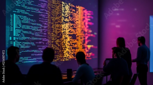Programmers review colorful code projected on a large screen in a dark room.