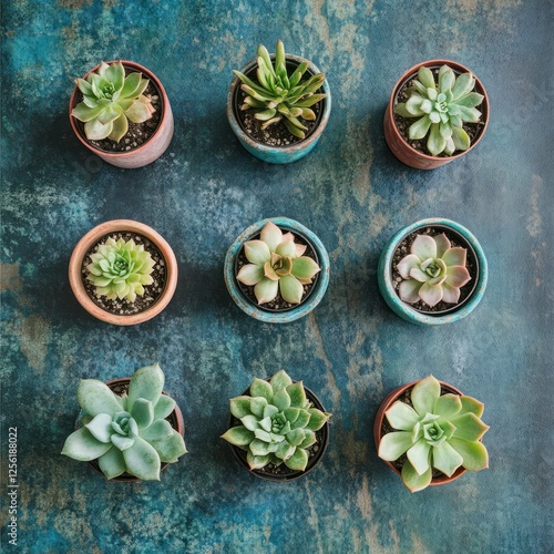 Wallpaper Mural Assorted succulents in small pots arranged on a teal surface Torontodigital.ca